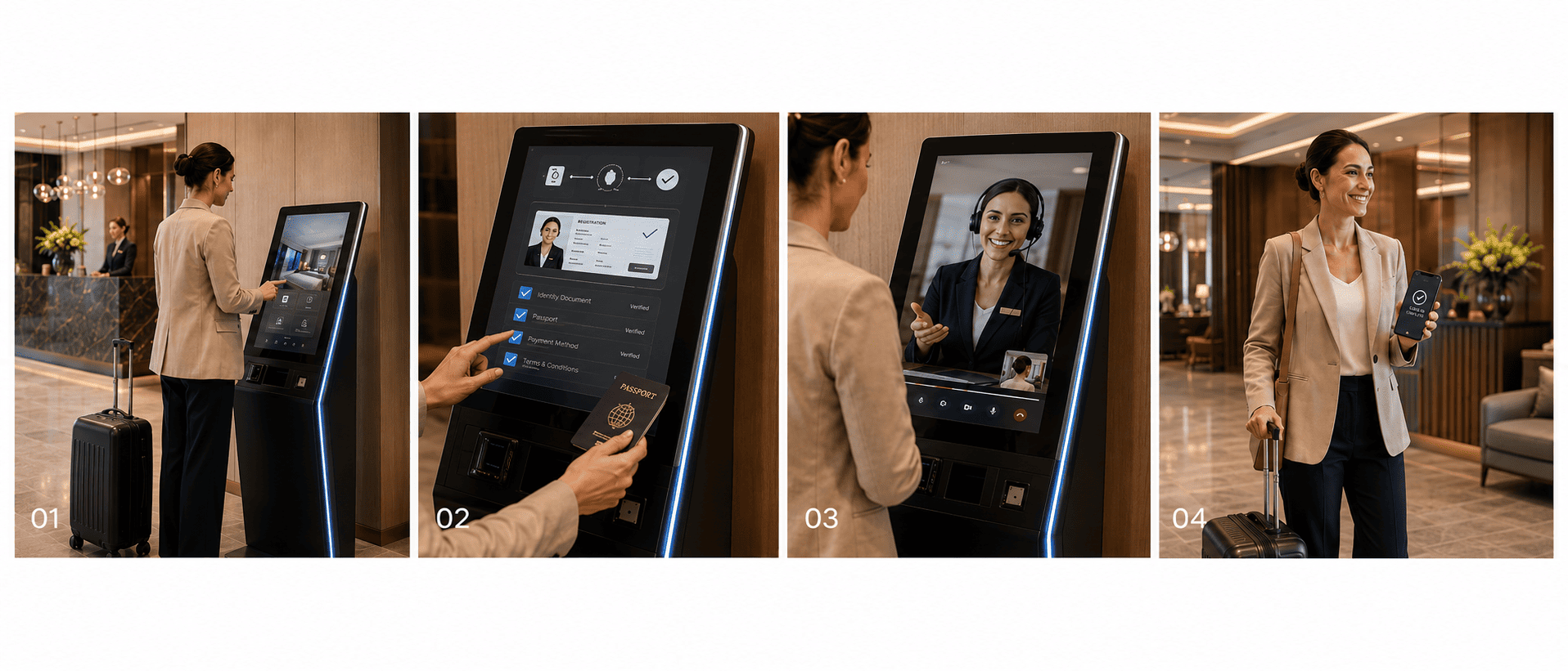 I quattro passaggi del check-in RS Mioni: totem, verifica documenti, supporto remoto, completamento.