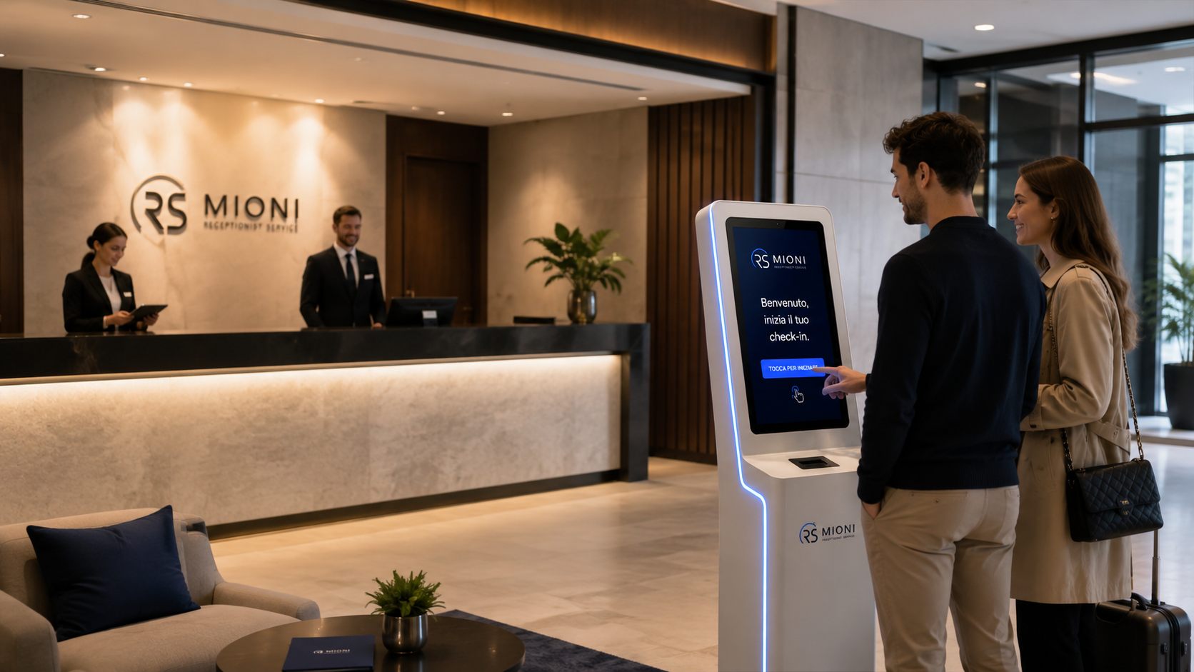 Coppia al totem RS Mioni in lobby con receptionist sullo sfondo.
