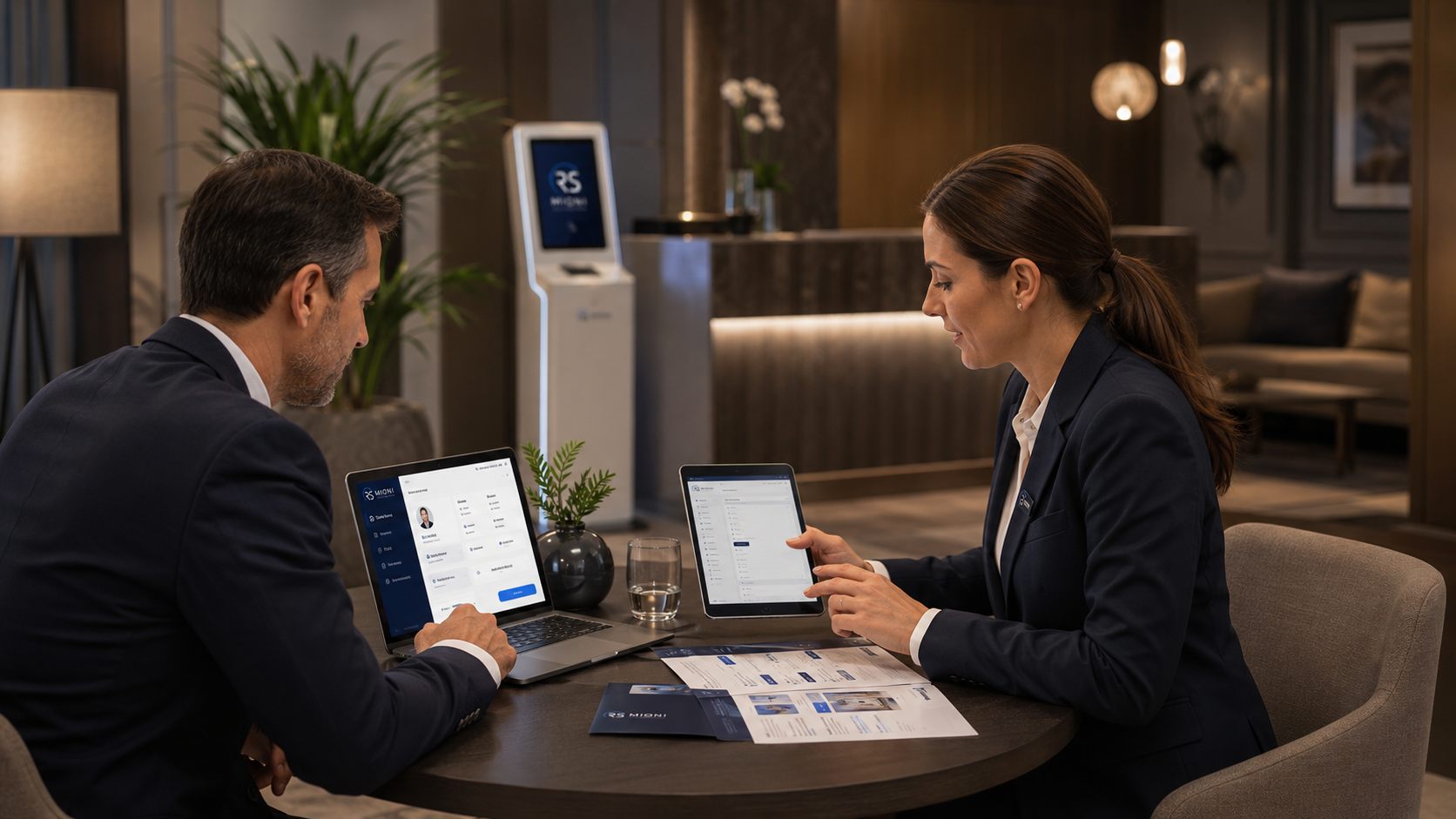 Due professionisti al tavolo con tablet e laptop RS Mioni in un hotel.