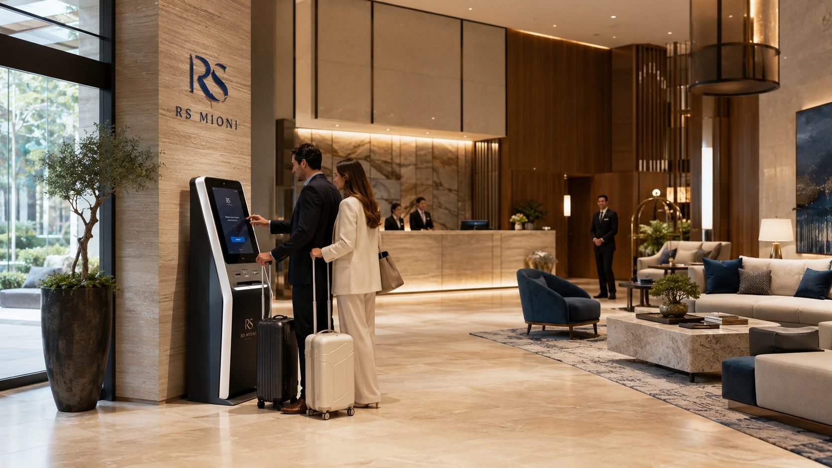 Coppia con valigia al totem RS Mioni in una lobby hotel di lusso.