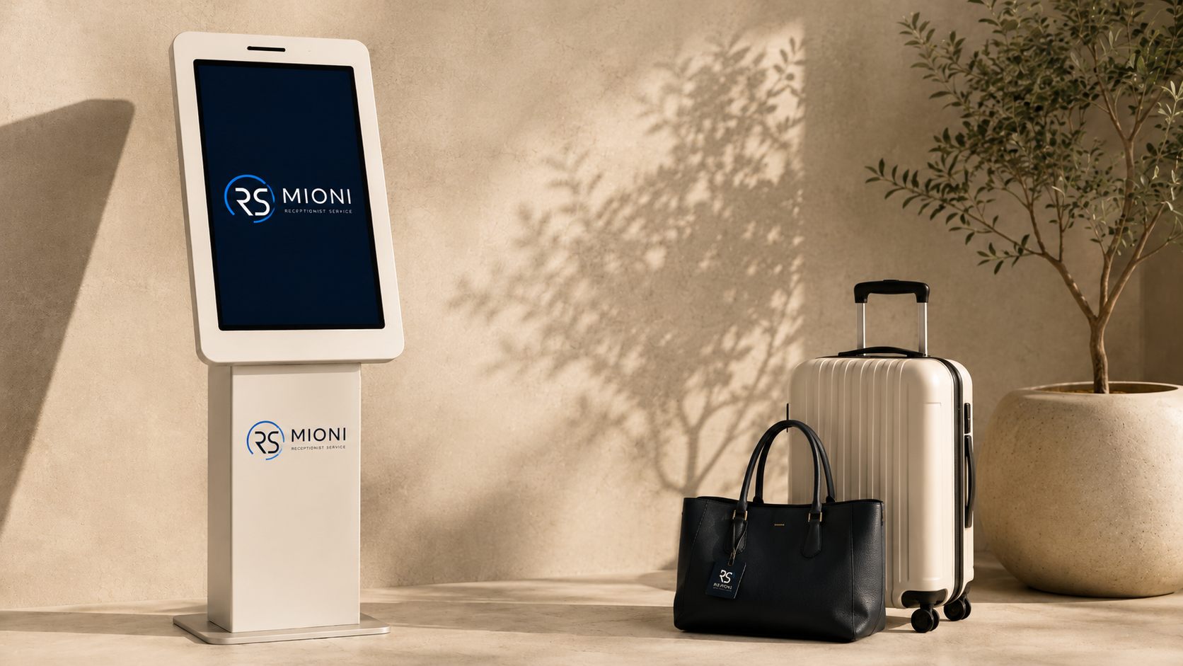 Totem RS Mioni standalone con valigia in ambiente luminoso minimal.